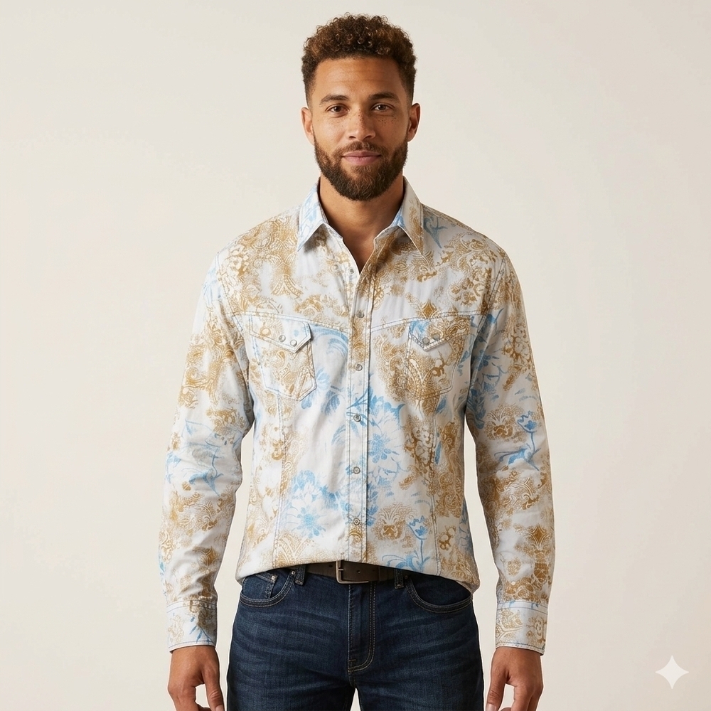 Georg Roth Blue White And Gold Pattern Western Shirt Ans Pearl Snap Buttons XXXL